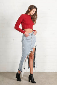 HIGH RISE DISTRESSED DENIM MAXI SKIRT