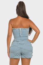 Load image into Gallery viewer, Frayed Edge Denim Corset Romper